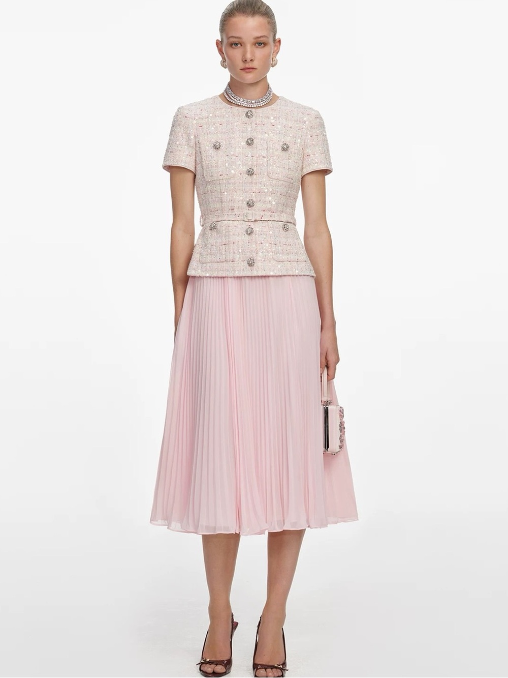 NWOT Self-Portrait PINK SEQUIN BOUCLE TAILORED MIDI DRESS
